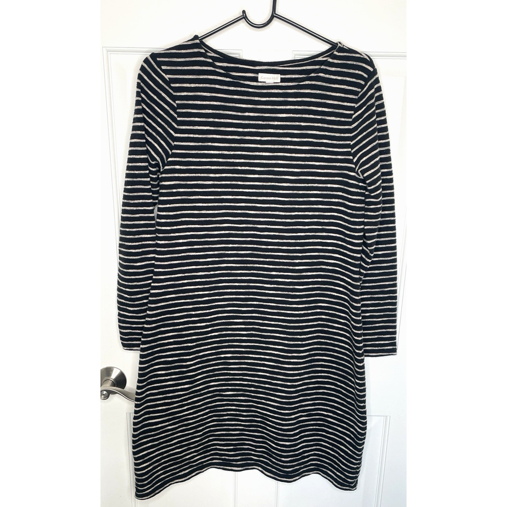 Garnet Hill Women's Textured Cotton Stripe Dress Sz M Black Tan Boho Athleisure